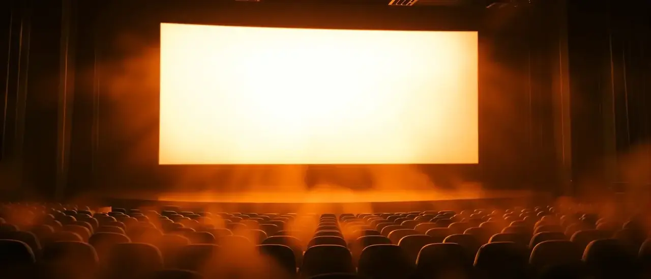 ai短剧类型频道页头图：暗调影院的幕布与放映光束